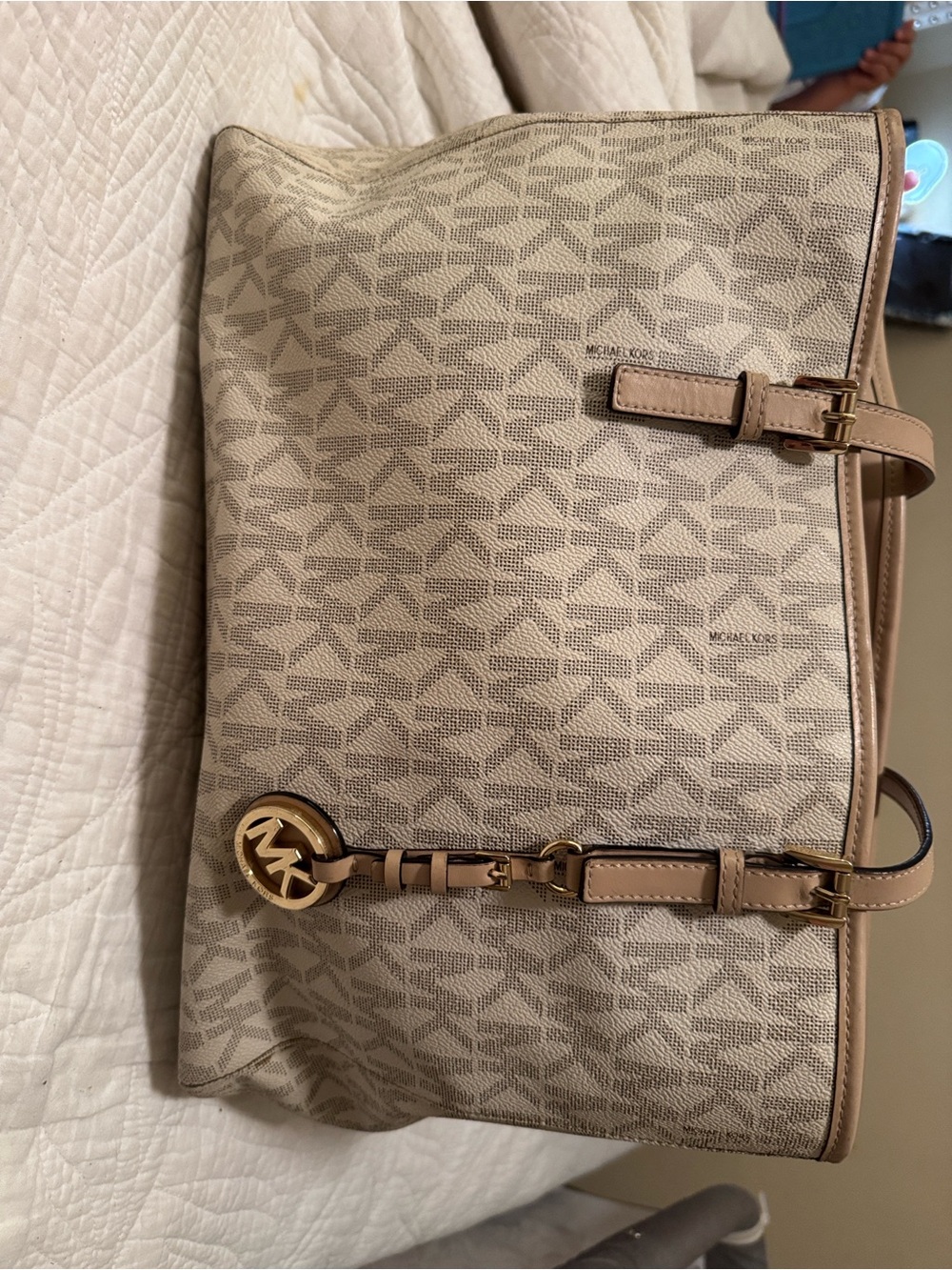 Michael Kors Beige Logo Tote with Gold MK Charm